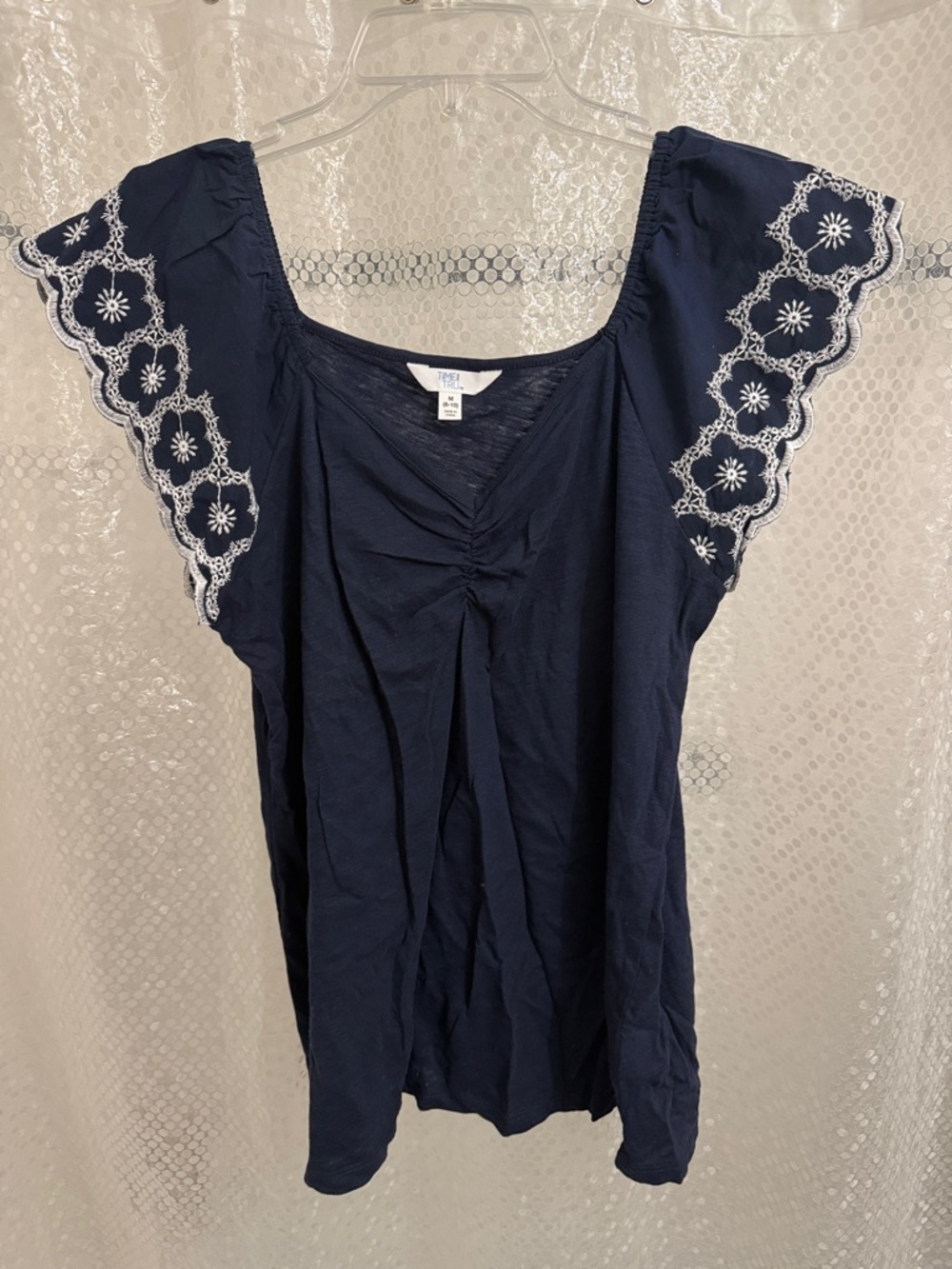 Time and Tru Navy Top with White Eyelet Flutter Sleeves